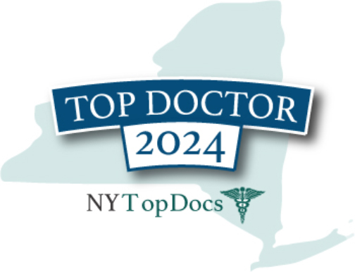 The "Top Doctor 2024" badge from NYTopDocs features a medical emblem elegantly placed on a New York state silhouette, with a subtle footer adding an extra touch of distinction.