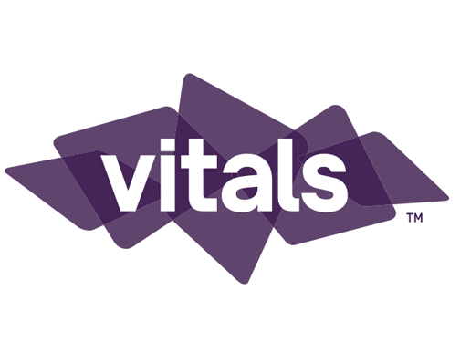 The word "vitals" in bold white lowercase letters overlaid on overlapping purple geometric shapes, with a trademark symbol on the right.