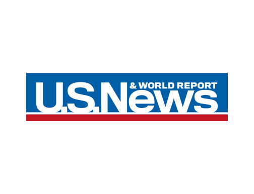 U.S. News & World Report logo with white text on a blue background and a red underline.
